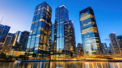 Fototapeta premium A vibrant city skyline at dusk, showcasing modern skyscrapers reflecting in water.