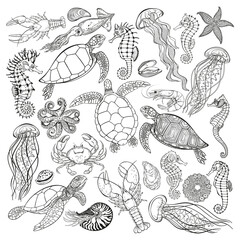 Sea animals. Big vector collection, isolated elements on a white background. Hand drawn illustration. Excellent for the design of invitations, cards, menu decoration,  printing and textiles. Black and