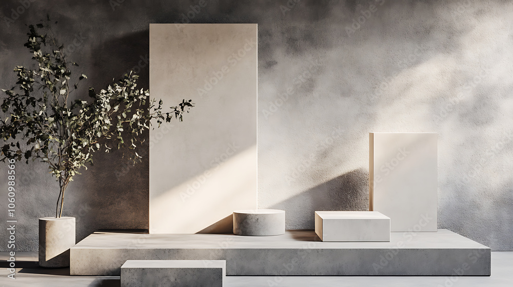 Poster sleek modern concrete geometrical blocks on podium product display background 3d render