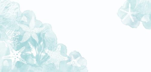Art sea background with starfish, underwater plants and blue watercolor splashes. Vector. Luxury design. Template design for text, packaging, prints, layout decorative greeting card or invitation desi