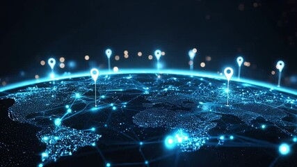 An illuminated globe displays network connections between cities with glowing markers signifying key locations in the dark - Powered by Adobe