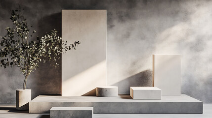 sleek modern concrete geometrical blocks on podium product display background 3d render