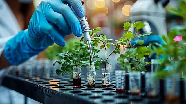 In a well-lit laboratory, a researcher wearing blue gloves carefully uses a pipette to transfer liquid from test tubes containing plant samples