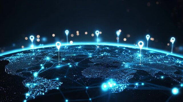An illuminated globe displays network connections between cities with glowing markers signifying key locations in the dark