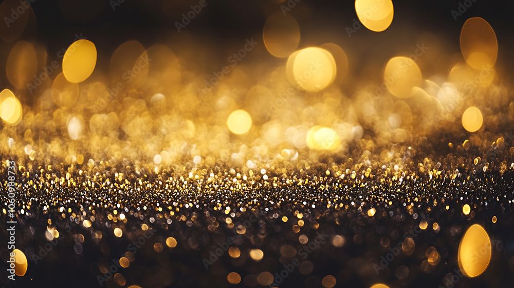 Poster sparkling gold star dust confetti bokeh on black background abstract glittering texture illustration