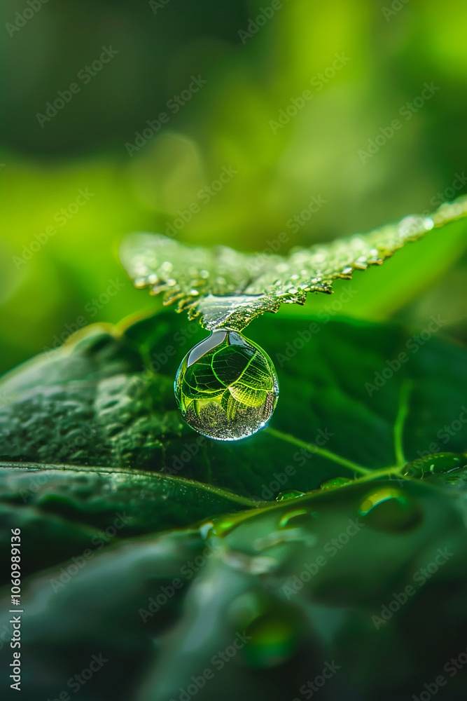 Poster a dewdrop hangs from a leaf, reflecting the surrounding greenery