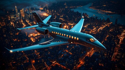 Private jet flying  at night