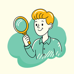 Young Man with a Magnifying Glass Doodle Style Illustration