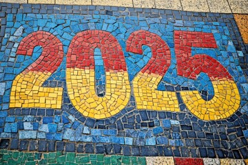 Obraz premium Vibrant mosaic artwork featuring the year 2025 in colorful tiles at a public location in Germany