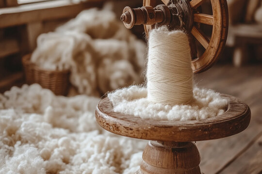 a spinning wheel with freshly spun yarn on a wooden floor.