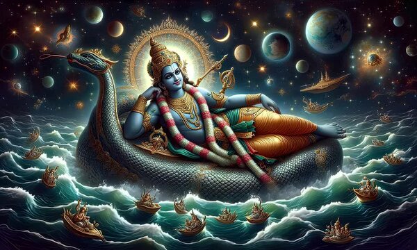 Vishnu in Cosmic Serenity | The Preserver Floating on the Serpent in the Ocean of Creation