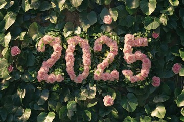 Decorative floral arrangement displaying the year 2025 with pink roses among vibrant green leaves