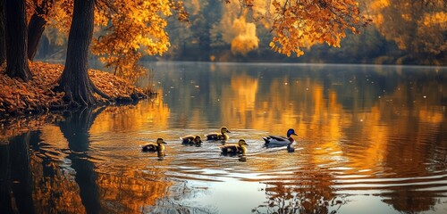 Fototapeta premium A serene autumn lake with a family of ducks gliding across the water, surrounded by trees with golden and amber leaves reflecting in the still surface.