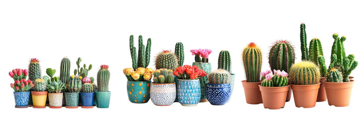 Set of various colorful potted cacti isolated on a transparent background