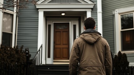 A man wearing a brown jacket is standing right in front of a house