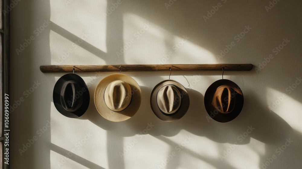 Poster four classic fedora hats hang neatly from a wooden rack, illuminated by soft sunlight casting shadow