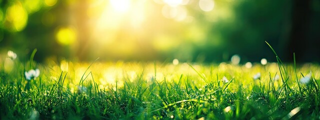 Obraz premium Beautiful spring nature background with blurred grass and sunlight