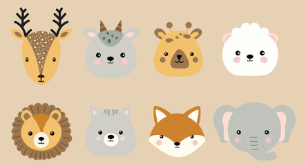 Set of children vector illustrations of cute wild animals isolated on brown background
