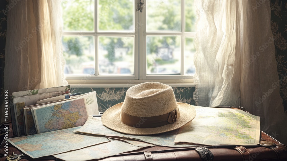 Leinwandbilder a stylish travel hat sits atop an open suitcase, with colorful maps and guides arranged around it, r