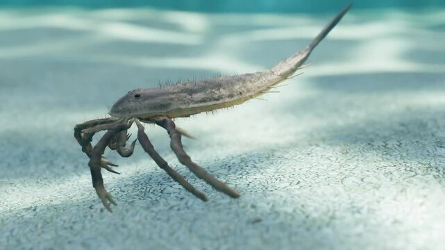 Animation of the extinct Eurypterid Hallipterus excelsior. Hallipterus lived 383 to 376 million years ago. They are often referred to as "Sea Scorpions".