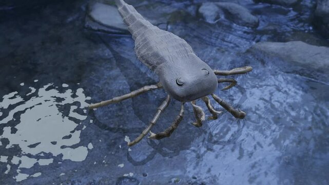 Animation of the extinct Eurypterid Kokomopterus longicaudatus. Kokomopterus lived approximately  418 million years ago during the Silurian Period.