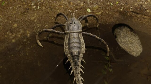 Animation of the extinct Eurypterid Hallipterus excelsior. Hallipterus lived 383 to 376 million years ago. They are often referred to as "Sea Scorpions".