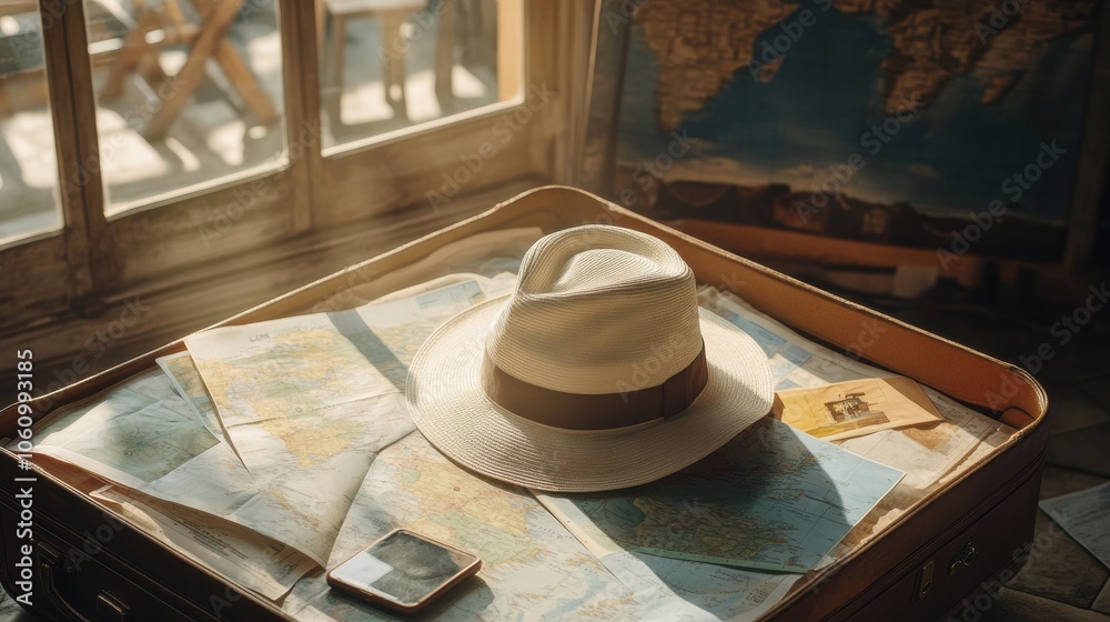 Aufkleber a travel hat lies atop an open suitcase filled with maps and guides, evoking a sense of wanderlust a