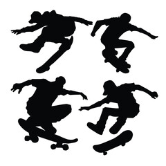 silhouette people skateboarding set, flying and freestyle skateboard vector black and white