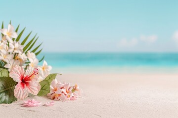 Fototapeta premium Soft pink hibiscus flowers with ocean background, tropical beach setting, wooden table, turquoise sea, palm leaf, serene beach day, bright sunlight, minimalistic design, copy space for text