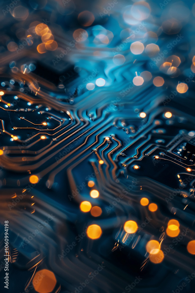 Poster a close-up of a circuit board with orange lights reflecting off its surface