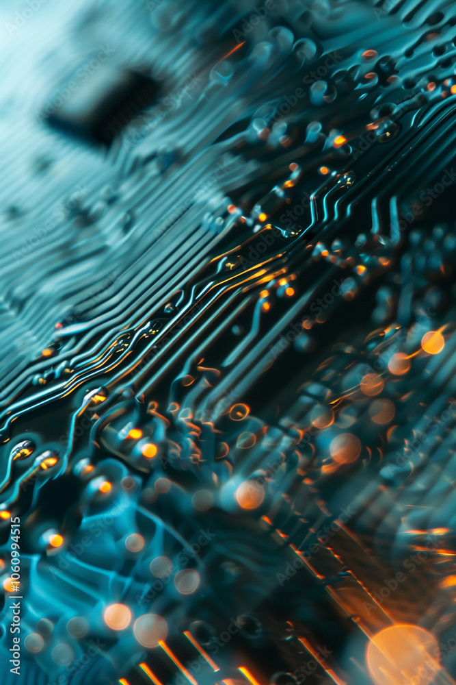 Aufkleber a close-up view of a circuit board, showing intricate pathways and glowing lights