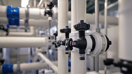 A close-up image of a PVC pipe system in a city water treatment boiler room, highlighting the intricate connections between pipes, valves, and control systems