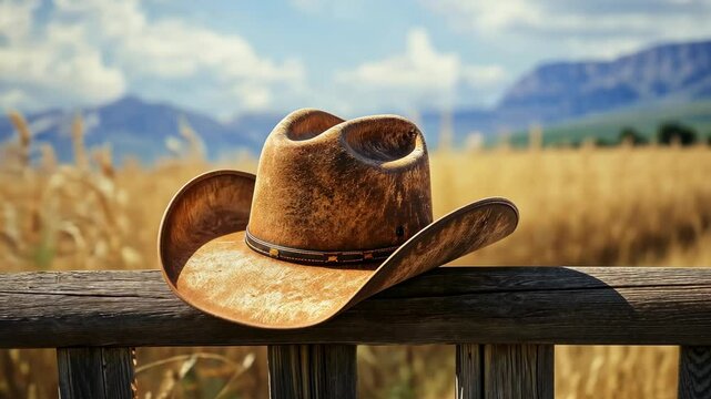 A weathered cowboy hat rests on a wooden fence rail, overlooking a field of golden wheat and distant mountains