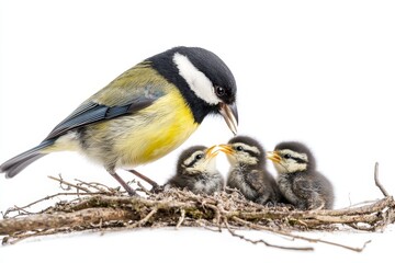 Obraz premium A Great Tit mother bird tenderly feeds her three hungry chicks in their cozy nest. The mother's nurturing, the chicks' eager beaks, and the delicate nest branches symbolize parental care, new life, an