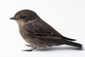 Fototapeta premium A small brown bird with a dark beak and beady eyes sits on a white background, facing slightly to the left with a curious expression.