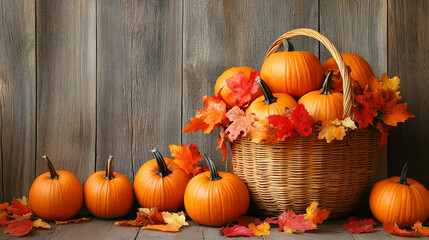 Thanksgiving Harvest Basket with Pumpkins, Gourds, Apples, and Autumn Foliage
