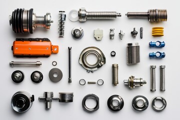 A collection of automotive starter motor parts, including a starter motor, solenoid, gears, brushes, bearings, and other components. These parts are essential for the proper functioning of a starter m