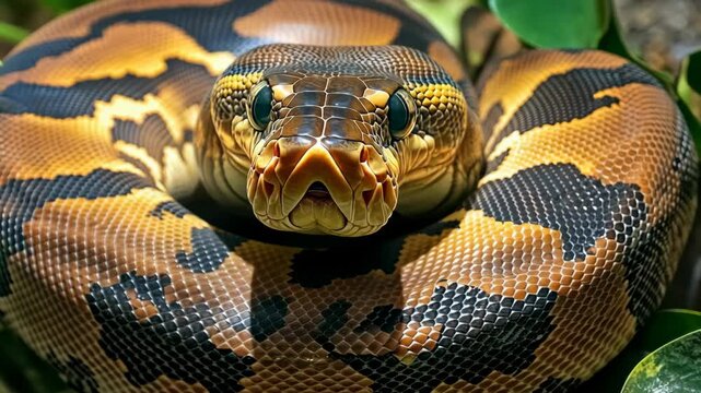 A close-up of a large python coiled in the grass, its dark eyes staring directly at the camera