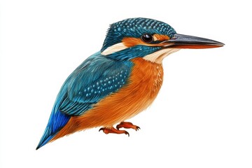 Obraz premium A vibrant Common Kingfisher perched on a white background, showcasing its stunning blue and orange plumage. The bird's sharp beak and alert eyes are captured in detail, reflecting its hunting prowess.