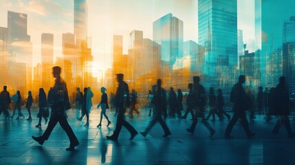 Silhouetted People in Urban Scene with Skyscrapers