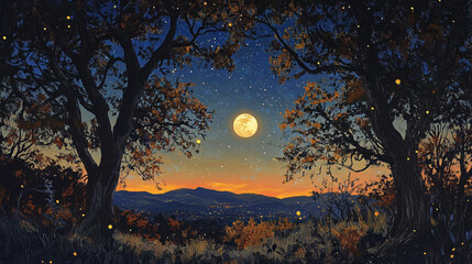 Fototapeta premium Full Moon Night Landscape with Trees and Stars
