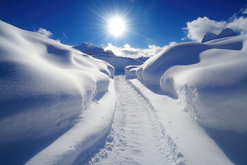 A snow-covered pathway illuminated by bright sunlight, with clear blue skies overhead and crisp shadows creating a beautiful winter landscape.