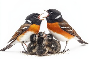Obraz premium Eastern Towhee mother bird tenderly feeding her chicks, symbolizing parental care, nurturing, family bond, growth, and survival.