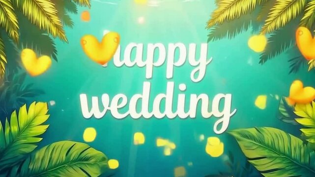 playful script font for happy wedding design, vibrant tropical leaf backdrop with soft lighting, charming wedding graphics with nature theme, creative wedding invitation with floral elements