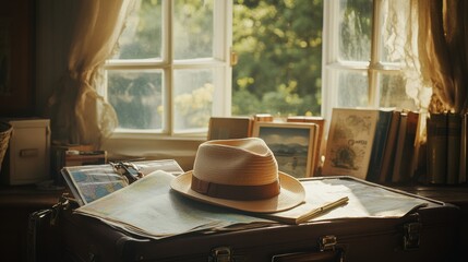 A travel hat is placed on an open suitcase filled with maps and travel guides, evoking the excitement of planning a journey. Generative AI
