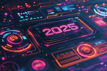 Obraz premium Futuristic digital interface showcasing a glowing 2025 date in neon colors and intricate designs