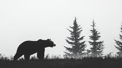  Monochrome image of a majestic bear amidst green trees and hazy misty surroundings