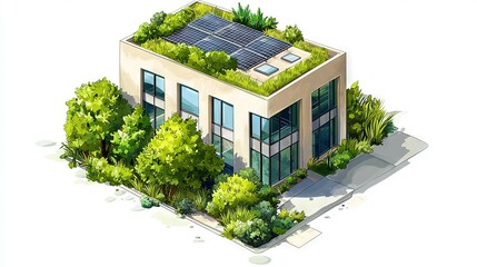   A home boasting a verdant rooftop and solar panel on its peak, encircled by trees and shrubs
