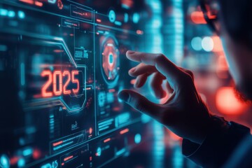 Obraz premium A person interacting with a futuristic digital interface displaying data for the year 2025