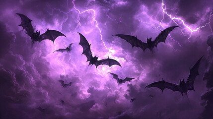 Fototapeta premium Bats Flying Through Stormy Sky Halloween Dark Night Scary Fantasy Nature Purple Cl